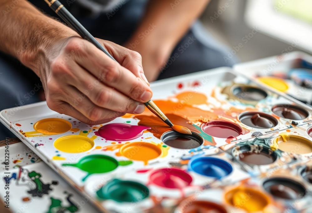 A close up of a painter mixing vibrant colors on a palette prepa A close up of a painter mixing vibrant colors on a palette prepa