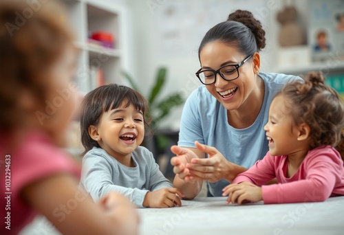 A child care worker playing with kids and laughing in a close up photo