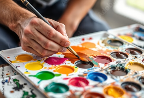 A close up of a painter mixing vibrant colors on a palette prepa photo