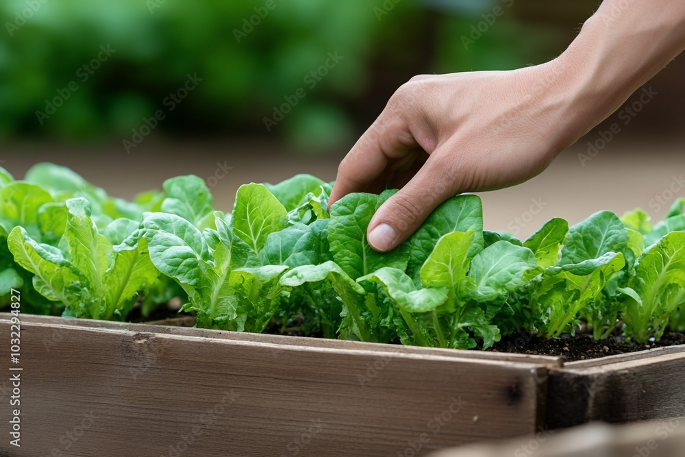 A hand picking fresh lettuce from a wooden garden bed. A hand picking fresh lettuce from a wooden garden bed.
