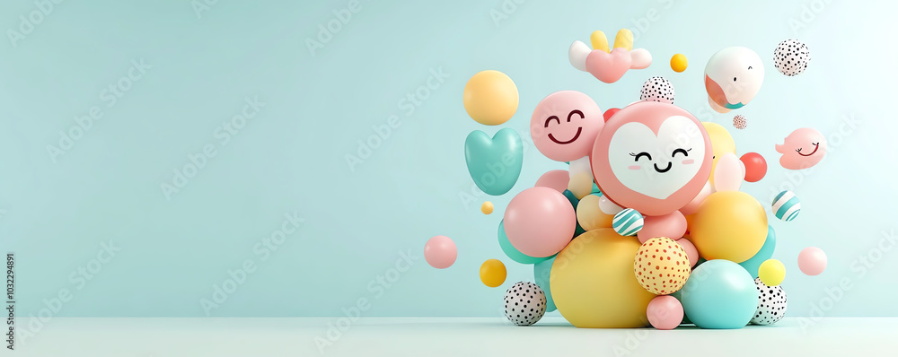 Abstract emoji symbols, floating icons with vibrant visuals, creative design, 3D illustration