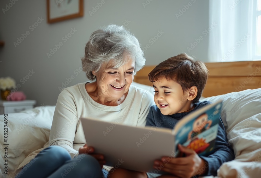 A grandmother reading a bedtime story to her grandchild both smi A grandmother reading a bedtime story to her grandchild both smi