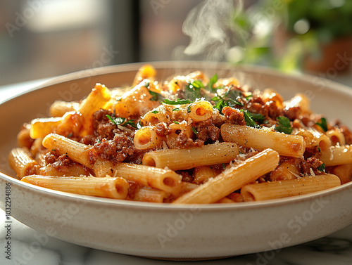 Penne with beef ragu in a light beige bowl, steam rising from the dish, served on a marble countertop, with soft sunlight coming through a window.