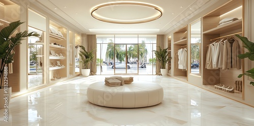 Modern, minimalist interior design of a luxury boutique with a white leather ottoman, white tiled floors, and a large window overlooking the street.