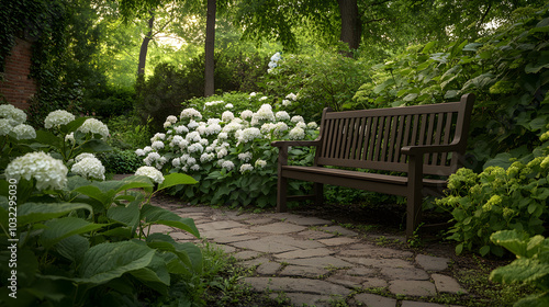 Tranquil Garden Bench with White Hydrangeas and Stone Path