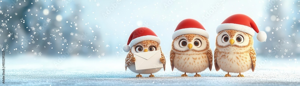 Owls wearing Santa hats, delivering letters to Santa, snowy post office scene, cute cartoon 3D illustration Owls wearing Santa hats, delivering letters to Santa, snowy post office scene, cute cartoon 3D illustration
