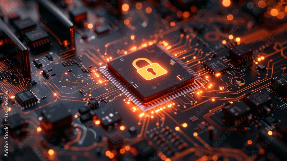 A glowing padlock icon sits on a computer chip surrounded by circuit board. A glowing padlock icon sits on a computer chip surrounded by circuit board.