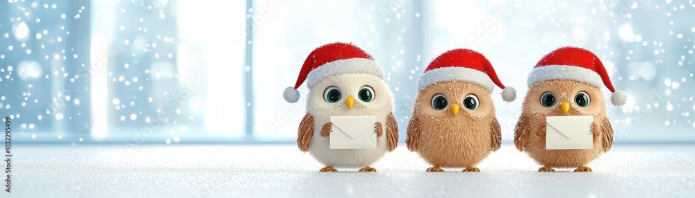 Owls wearing Santa hats, delivering letters to Santa, snowy post office scene, cute cartoon 3D illustration Owls wearing Santa hats, delivering letters to Santa, snowy post office scene, cute cartoon 3D illustration
