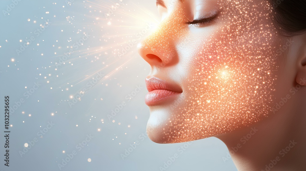 Beautiful Female Face with Glowing Abstract Light Effects Beautiful Female Face with Glowing Abstract Light Effects