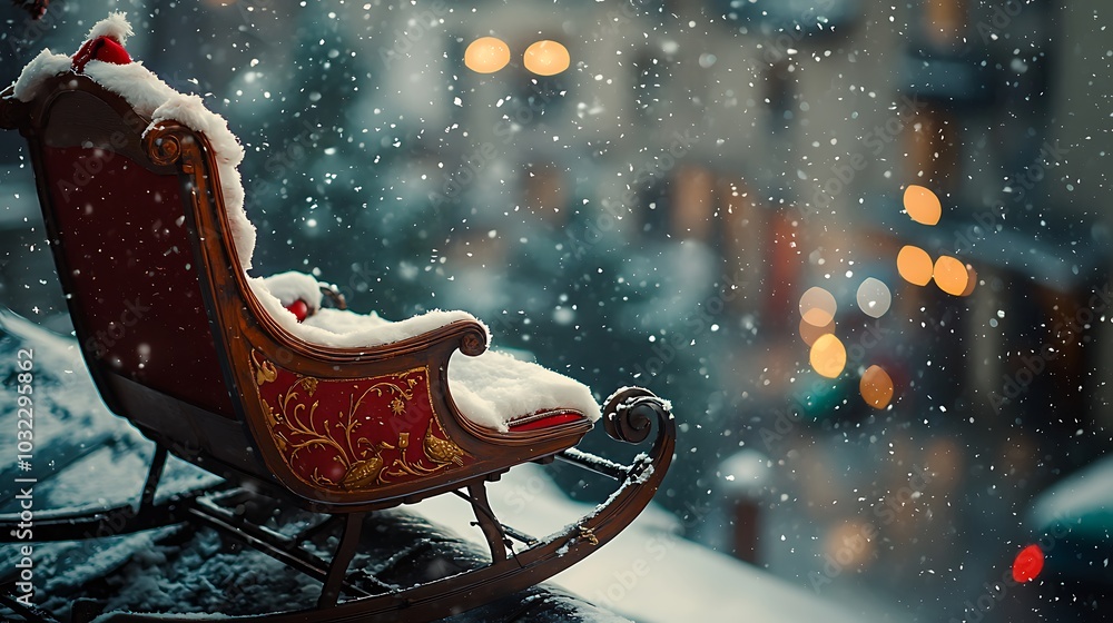 Santa's Sleigh on Snowy Rooftop with Gentle Snowfall Santa's Sleigh on Snowy Rooftop with Gentle Snowfall