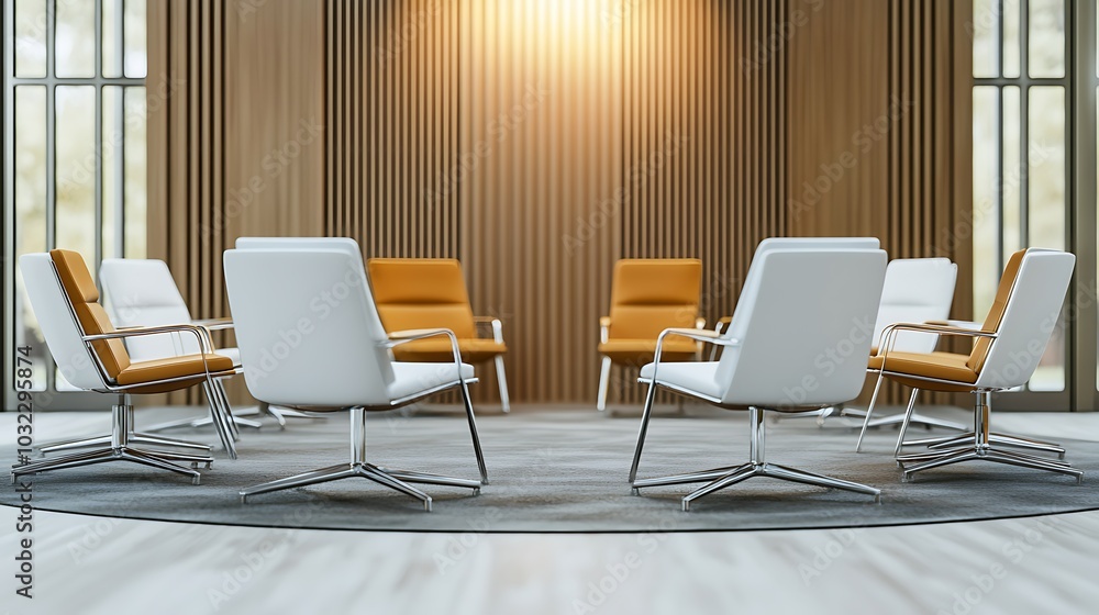 A circular arrangement of chairs in a modern office space with wooden wall panels and large windows. A circular arrangement of chairs in a modern office space with wooden wall panels and large windows.