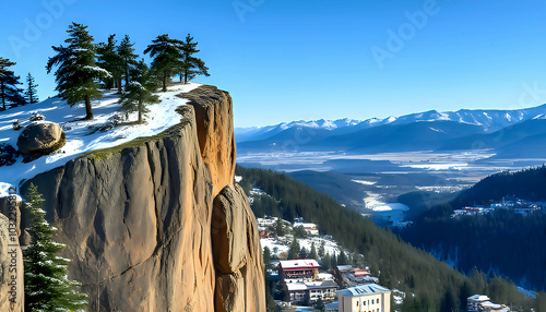 Panoramic view of a mountain cliff covered with snow and pine trees. The landscape extends to the snowy peaks and the valley with the village below.