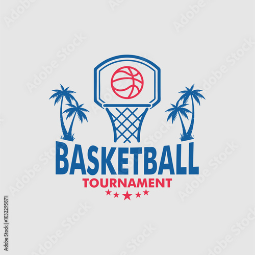 Tropical Basketball Tournament Logo with Palm Trees and Stars photo