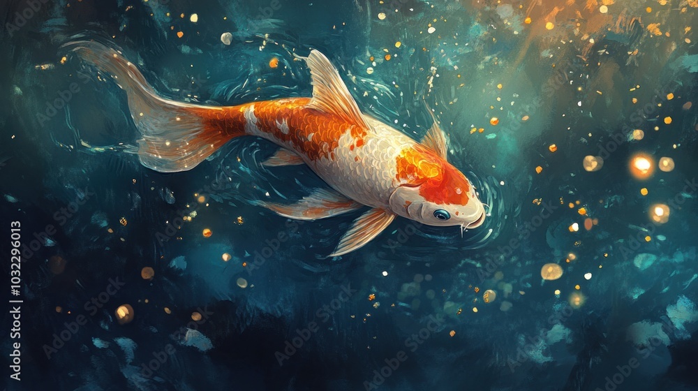 A vibrant koi fish swims gracefully in a shimmering blue water background. A vibrant koi fish swims gracefully in a shimmering blue water background.