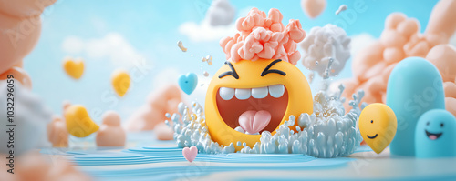 Emoji icon burst, symbols with expressive visuals, energetic scene, 3D illustration photo