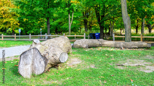 Canvas Print Logs from fallen trees serving as rustic benches, Toronto, Canada