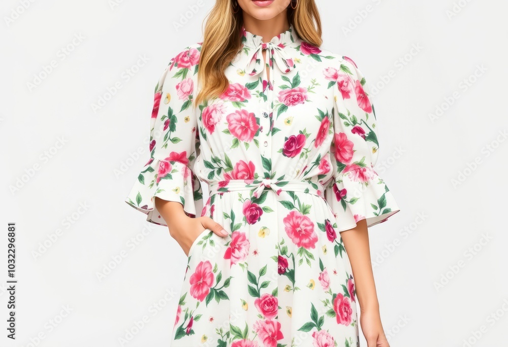 Floral print mini dress with ruffle sleeves and tie neck Floral print mini dress with ruffle sleeves and tie neck
