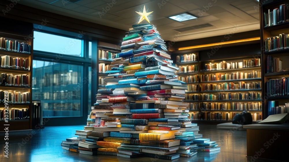 Obraz premium Christmas tree crafted from books, cozy library scene