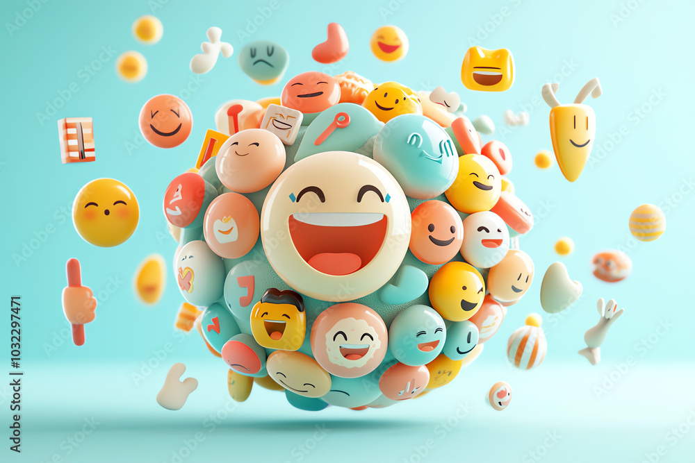 Obraz premium Abstract emoji symbol sphere, diverse visual icons floating in 3D space, 3D illustration