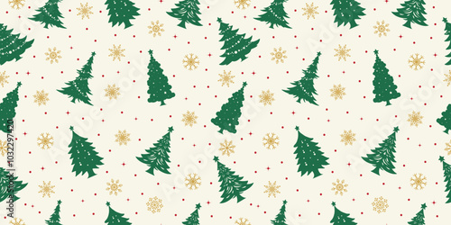 Christmas seamless pattern design, Christmas tree and snowflake. happy new year, winter holiday, snowfall. Green and gold color combination.