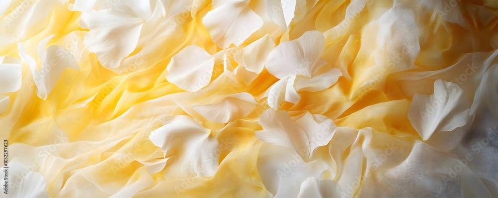 A whimsical depiction of yellow and white flower petals scattered on a soft fabric A whimsical depiction of yellow and white flower petals scattered on a soft fabric