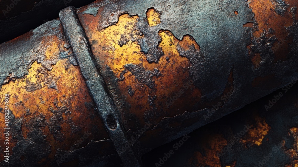 Close-up of an old, corroded pipe with deep rust and flaking metal texture. Close-up of an old, corroded pipe with deep rust and flaking metal texture.