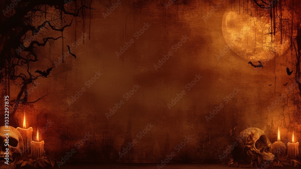 A spooky Halloween-themed background featuring skulls, candles, and a full moon. A spooky Halloween-themed background featuring skulls, candles, and a full moon.