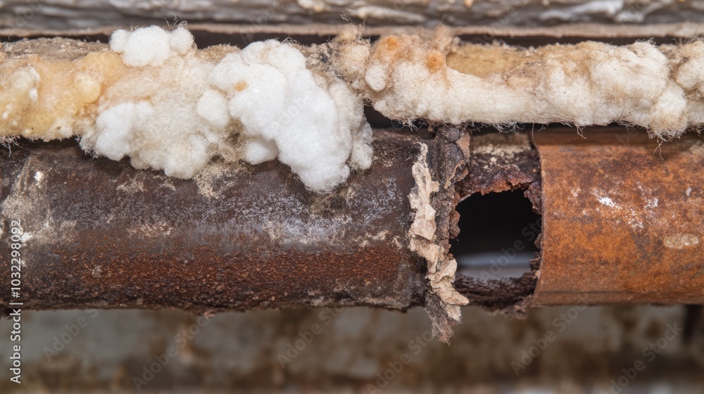Close-up of pipe insulation peeling off, revealing rusted metal underneath. Close-up of pipe insulation peeling off, revealing rusted metal underneath.