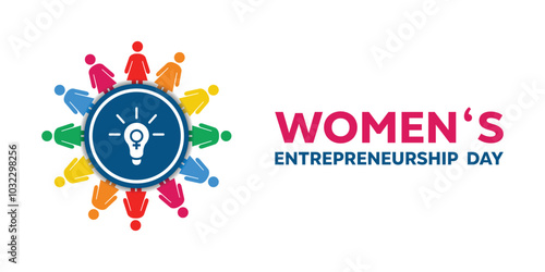 Womens Entrepreneurship Day. Lamp and women icon. Great for cards, banners, posters, social media and more. White background. 