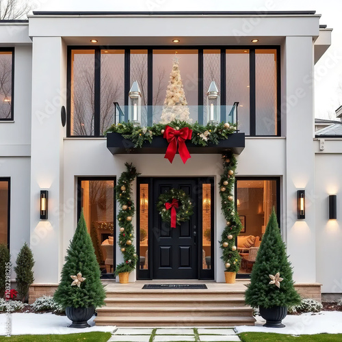 festive villa exterior with christmas decorations, merry christmas and happy new year 2025