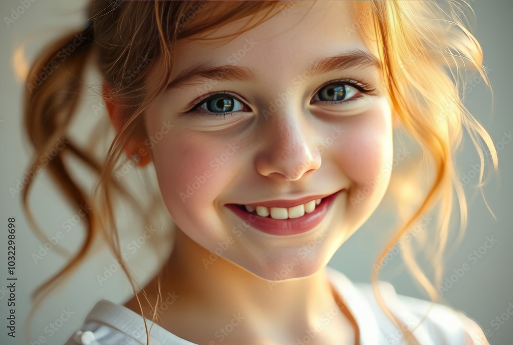Soft dreamy portrait of a girl with a warm smile and glowing ski Soft dreamy portrait of a girl with a warm smile and glowing ski