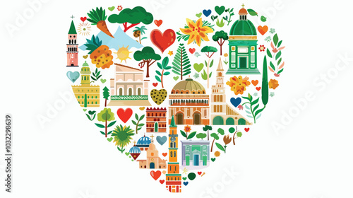 Italian Love - Heart Shape with Vector Icons Flat Vector Illustration