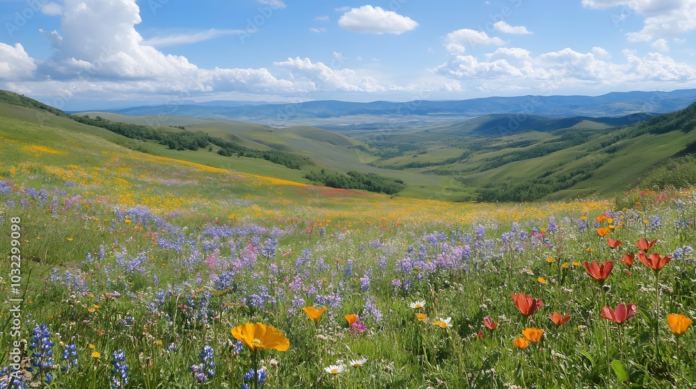 Obraz premium Lush Green Mountainous Countryside Meadow with Blooming Wildflowers in Spring or Summer Scenic Landscape