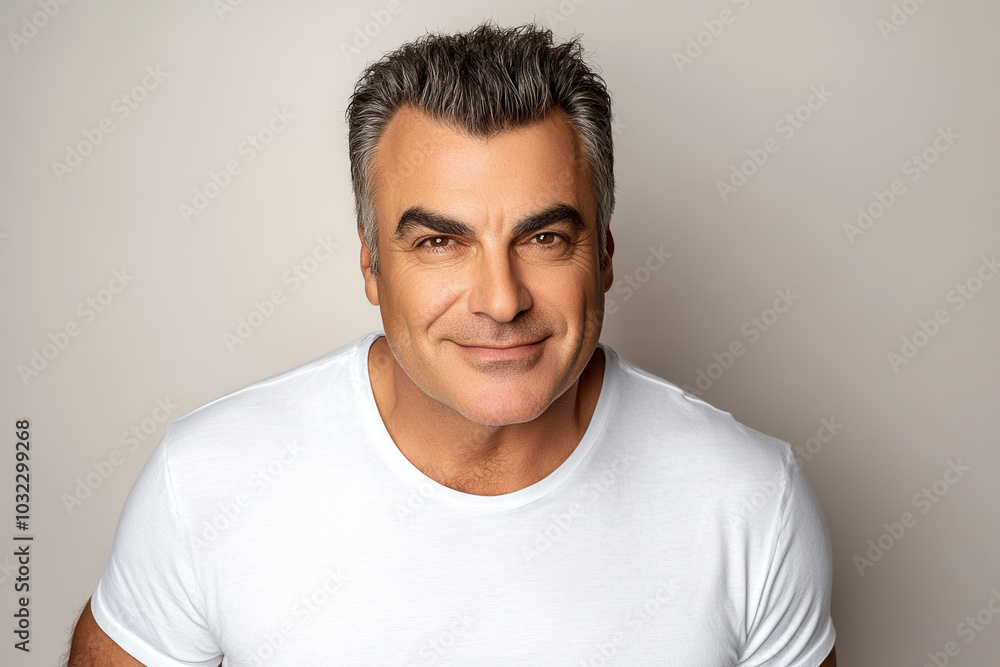 Smiling Middle-Aged Man in White T-Shirt Against Light Background with Copy Space for Banner Design Smiling Middle-Aged Man in White T-Shirt Against Light Background with Copy Space for Banner Design