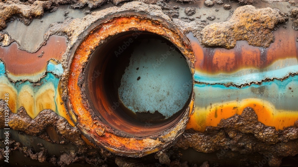 Cross-section of a pipe showing its inner layers, with corrosion and ...