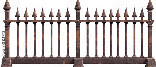 A vintage, rusty iron fence with pointed finials, showcasing intricate detailing and a weathered texture against a transparent background.