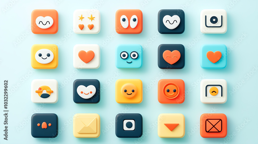 Minimalist emoji icons, flat visual symbols in vibrant colors, 3D illustration Minimalist emoji icons, flat visual symbols in vibrant colors, 3D illustration