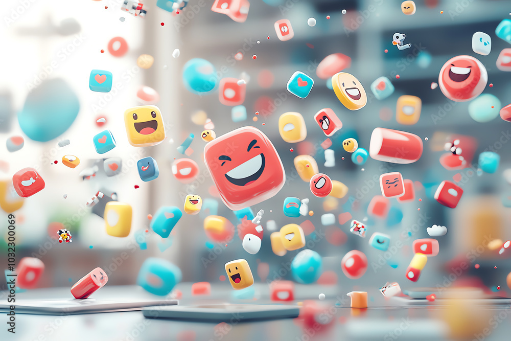Glossy emoji icons, visual symbols floating in futuristic design, 3D illustration Glossy emoji icons, visual symbols floating in futuristic design, 3D illustration