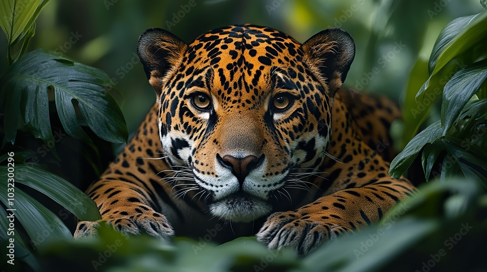 Fierce Jaguar Resting in the Dense Jungle Fierce Jaguar Resting in the Dense Jungle