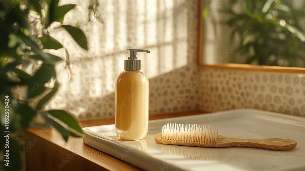 A bottle of lotion sits on a counter next to a brush A bottle of lotion sits on a counter next to a brush