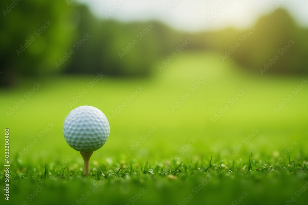 Golf ball on tee in sunlit green course for leisure and recreation. Golf ball on tee in sunlit green course for leisure and recreation.