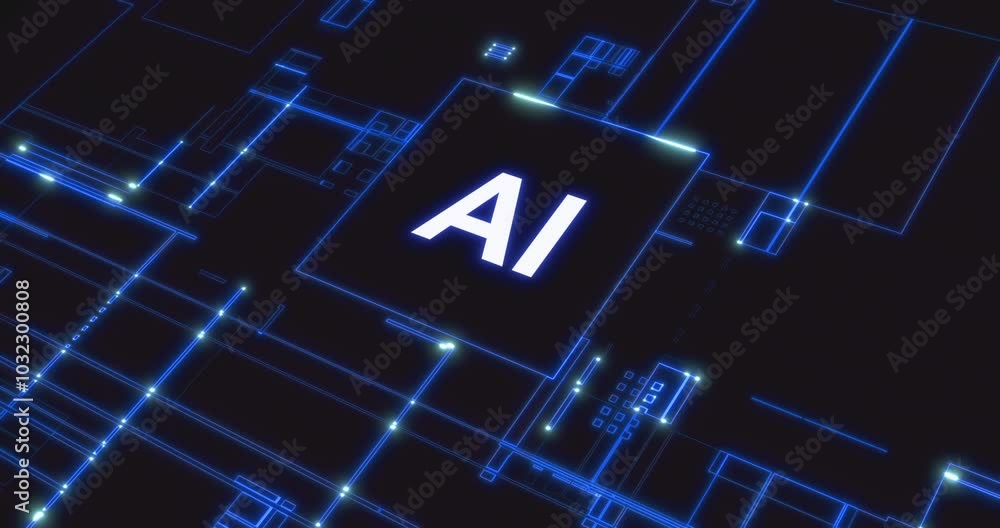 futuristic movement of blue matrix digital vertical and horizontal circuit lines with on right AI word on chip, concept of AI, technology and cyber artificial intelligence futuristic movement of blue matrix digital vertical and horizontal circuit lines with on right AI word on chip, concept of AI, technology and cyber artificial intelligence