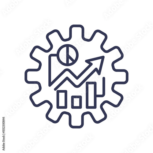 Gear with analytics icons symbolizes efficiency and data-driven decision-making.