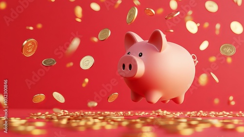 A flying piggy bank surrounded by falling coins on a red background.