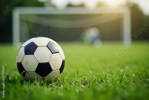 Soccer ball on grass near goal post on a sunny day.