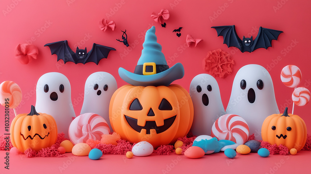 Halloween background creative design. Abstract horizontal banner Halloween day. Realistic 3d cartoon style. Festive themed header for website. Holiday poster in purple colors. Vector illustration. Halloween background creative design. Abstract horizontal banner Halloween day. Realistic 3d cartoon style. Festive themed header for website. Holiday poster in purple colors. Vector illustration.