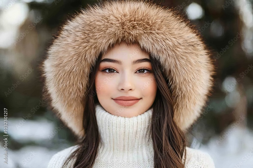 Winter woman portrait in fur hat - close-up Winter woman portrait in fur hat - close-up