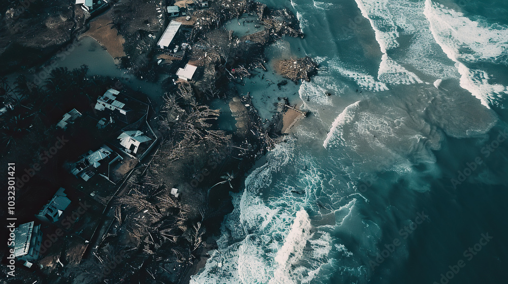 Obraz premium Aerial View of Hurricane-Devastated Coastal Town with Debris and Collapsed Buildings