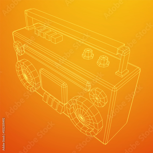 Retro Boombox outdated portable cassette tape recorder. Wireframe low poly mesh vector illustration.