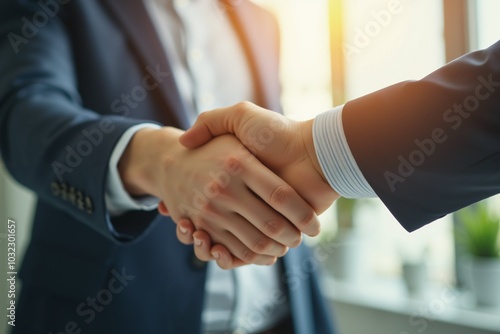 Business partnership agreement with handshake in office setting.